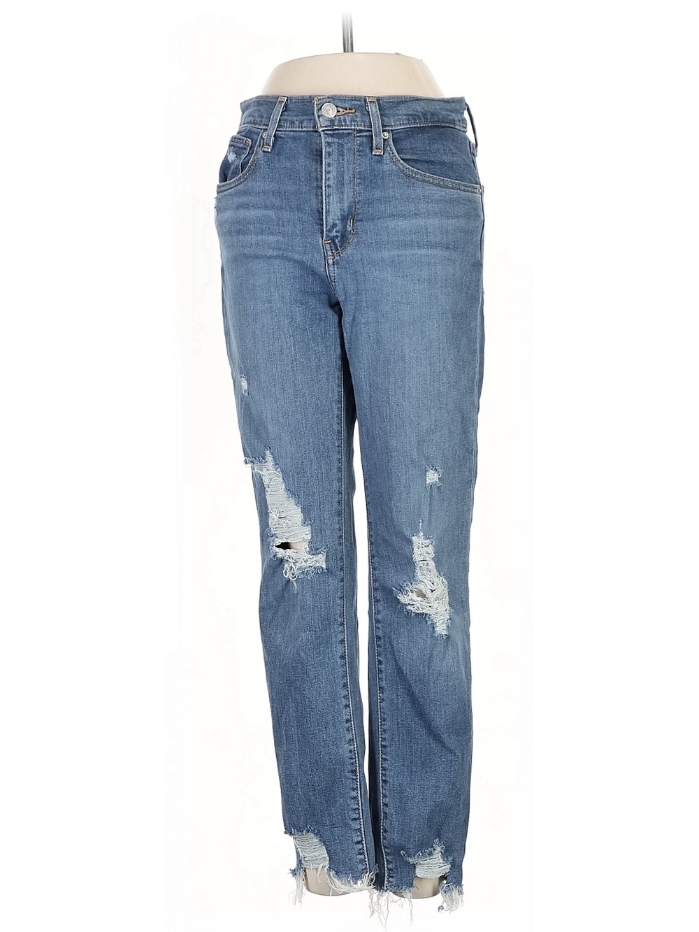 Levi’s 724 High Rise Straight Jeans 27 Distressed Raw Hem Blue Denim